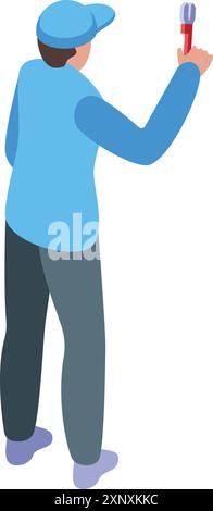 Techniker hält einen Schraubendreher, der ein isometrisches Symbol fixiert, Rückansicht Stock Vektor