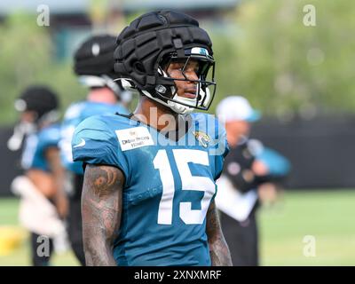 2. August 2024: Jaguars Wide Receiver Tim Jones (15) während des Trainingslagers im Miller Electric Center in Jacksonville, FL. Romeo T Guzman/Cal Sport Media Stockfoto