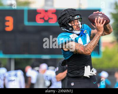 2. August 2024: Jaguars Wide Receiver Elijah Cook (14) während des Trainingslagers im Miller Electric Center in Jacksonville, FL. Romeo T Guzman/Cal Sport Media Stockfoto