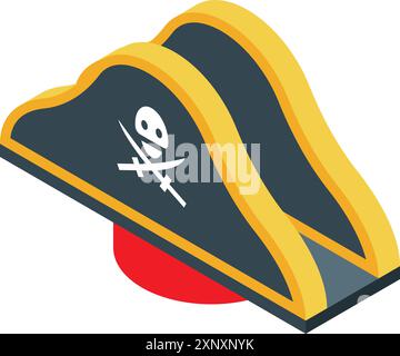 Schwarzer und gelber Piratenhut mit Totenkopf und gekreuzten Knochen, perfekt für Abenteuer und schwindelnde Geschichten Stock Vektor