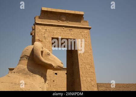 Tor zum Tempel des Khonsu, Sphinx mit RAM-Kopf im Vordergrund, Karnak Tempelkomplex, UNESCO-Weltkulturerbe, Luxor, Ägypten, Nordafrika, Afrika C Stockfoto