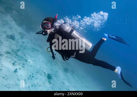 Junger Mann, der diagonal unter Wasser im blauen Meer taucht Stockfoto
