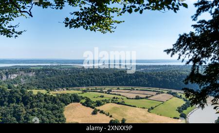 Panoramablick auf die severn-Brücke, die aus dem grünen Wald in england entspringt Stockfoto