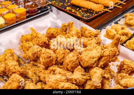 Frittierte Hähnchenschenkel in Teig auf dem Street Food Markt, selektiver Fokus Stockfoto