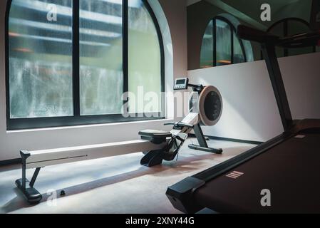 Modernes Fitnessstudio mit Rudermaschine und Bogenfenster im Luxushotel Stockfoto