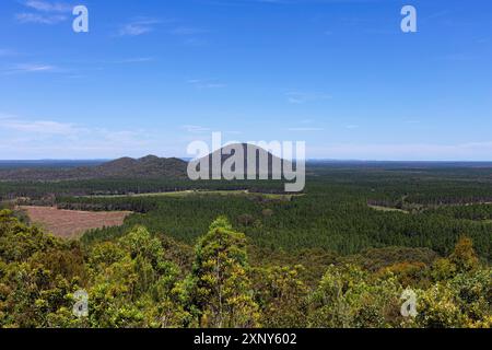 Die Glass House Mountains im Hinterland am Sonnenschein Küste Stockfoto