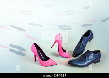 Pinke High Heels und schwarze Herrenschuhe tanzen auf grauem Boden mit einfachem Schrittmuster, Tanzkonzept für den Ballsaal, Kopierraum, ausgewählter Fokus Stockfoto