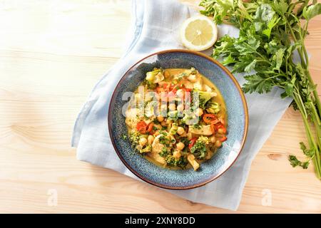 Indisches Curry aus Kichererbsen, buntes Gemüse und Hühnerfleisch in einer blauen Schüssel, Zitrone, Kräuter und Serviette auf einem hellen Holztisch, Kopierraum Stockfoto