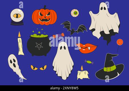 Grooviges Halloween-Set im Retro-Look. Geist, Vampir, Hexenkürbis Vektor-Illustration Stock Vektor