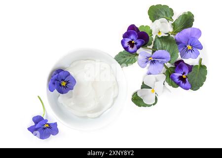 Natürliche kosmetische Salbe mit Bratsche oder violette Blüten und Blätter isoliert mit Schatten auf weißem Hintergrund, Kopierraum, Hochwinkelansicht von Stockfoto