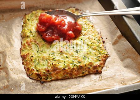 Tomatensauce wird auf einer gebackenen Kruste aus Zucchini und Haferflocken verteilt, die Zubereitung für eine vegetarische Low-Carb-Pizza auf einem Tablett mit Backpapier Stockfoto