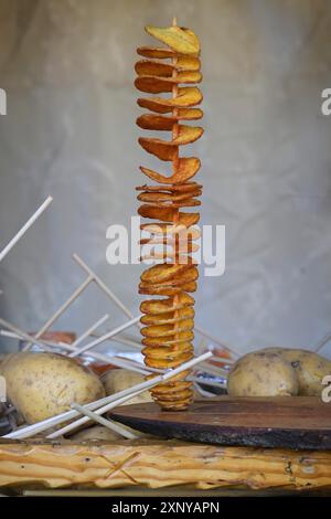 Gebratene Spiralkartoffel auf einem Holzspieß mit Paprika und Salz an einem Imbissstand auf einem Outdoor-Festival, Kopierraum, ausgewählter Fokus, schmal Stockfoto