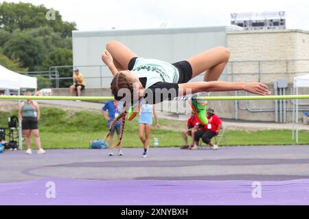 London, Kanada. August 2024. Die Western University ist Austragungsort der Leichtathletik-Veranstaltung bei den Sommerspielen in Ontario 2024. Frances Vollett gewinnt das High Jump-Event mit 1,61 m. Quelle: Luke Durda/Alamy Live News Stockfoto