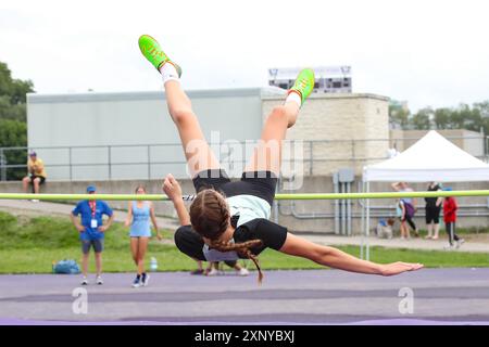London, Kanada. August 2024. Die Western University ist Austragungsort der Leichtathletik-Veranstaltung bei den Sommerspielen in Ontario 2024. Frances Vollett gewinnt das High Jump-Event mit 1,61 m. Quelle: Luke Durda/Alamy Live News Stockfoto