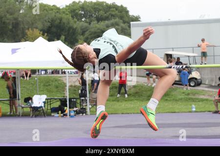 London, Kanada. August 2024. Die Western University ist Austragungsort der Leichtathletik-Veranstaltung bei den Sommerspielen in Ontario 2024. Frances Vollett gewinnt das High Jump-Event mit 1,61 m. Quelle: Luke Durda/Alamy Live News Stockfoto