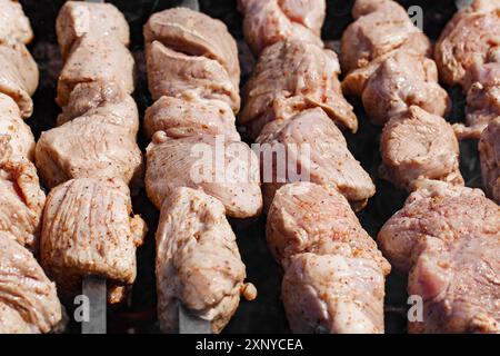 Rohes Fleisch wird auf Metallspießen über Kohlen gebraten Stockfoto