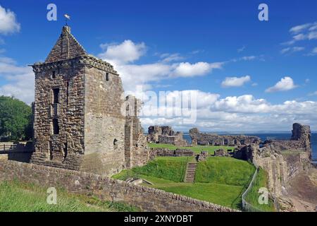 Historische Burgruinen mit Steinturm auf einem grasbewachsenen Hügel unter blauem Himmel, St. Andrews, Schottland, Großbritannien Stockfoto