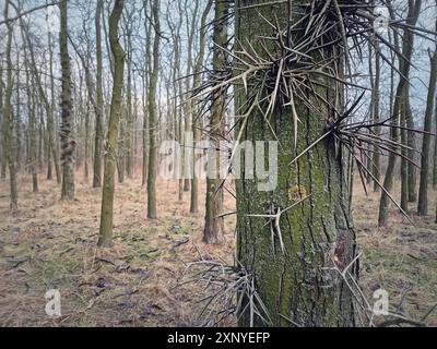 Großaufnahme Honig-Heuschreckenbaum-Stamm mit mehreren großen Dornen, die aus seiner Rinde wachsen Stockfoto