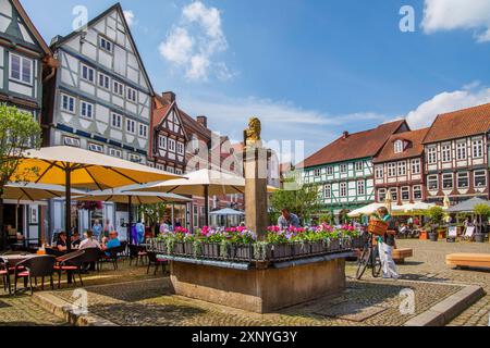 Brunnen auf dem Großen Plan in der Altstadt mit typischen Fachwerkhäusern, Celle, Lüneburger Heide, Niedersachsen, Deutschland Stockfoto