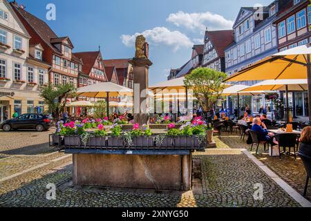 Brunnen auf dem Großen Plan in der Altstadt mit typischen Fachwerkhäusern, Celle, Lüneburger Heide, Niedersachsen, Deutschland Stockfoto