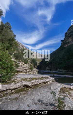 Wunderschöne Schlucht mit Flussbecken im Naturschutzgebiet Cavagrande del Cassibile, Syrakus, Sizilien, Italien Stockfoto