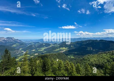 Wide Shot zeigt die bayerischen Alpen aus hoher Höhe. Stockfoto