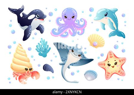 Niedliche Meeresbewohner mit niedlichen Walen, Einsiedlerkrebsen, Tintenfischen, Delfinen, Stachelrochen und Seesternen Stock Vektor