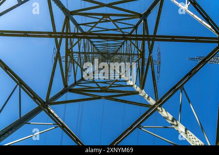 Hochspannungsmasten von 380 kV und 110 kV Hochspannungsleitungen, in Herne, Stadtgrenze Gelsenkirchen, kritische Infrastruktur Stockfoto