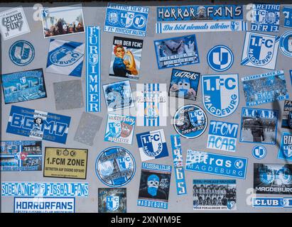Aufkleber von Ultras, Horrorfans, Hardcore-Fans vom Fußballverein 1. FC Magdeburg an einer Tafel am Jersleber See Jersleben Sachsen-Anhalt Deutschland *** Aufkleber von Ultras, Horrorfans, Hardcore-Fans des Fußballvereins 1 FC Magdeburg auf einem Brett am Jersleber See Jersleben Sachsen Anhalt Deutschland Stockfoto