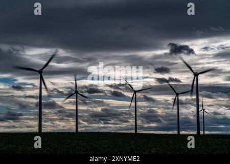 Windpark bei Holzweiler, Stadt Erkelenz, Sturm, Starkwind, Windräder, Nordrhein-Westfalen, Deutschland Stockfoto