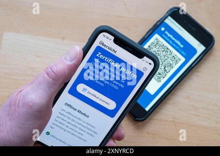 CovPassCheck App, zur Überprüfung des digitalen Impfzertifikats, auf einem Smartphone, Impfungen gegen das Coronavirus, COVID-19, Nachweis Stockfoto