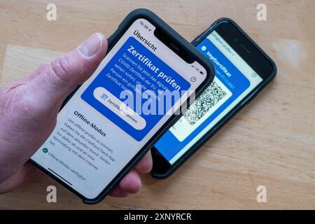 CovPassCheck App, zur Überprüfung des digitalen Impfzertifikats, auf einem Smartphone, Impfungen gegen das Coronavirus, COVID-19, Nachweis Stockfoto