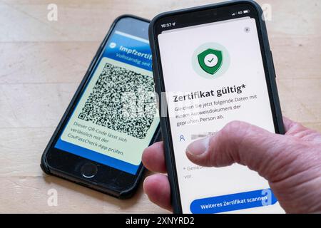 CovPassCheck App, zur Überprüfung des digitalen Impfzertifikats, auf einem Smartphone, Impfungen gegen das Coronavirus, COVID-19, Nachweis Stockfoto