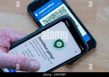 CovPassCheck App, zur Überprüfung des digitalen Impfzertifikats, auf einem Smartphone, Impfungen gegen das Coronavirus, COVID-19, Nachweis Stockfoto