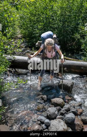 WA24977-00....WASHINGTON - Frau überquert einen Bach im White Chuck River Valley entlang des Pacific Crest Trail, Glacier Peak Wilderness. Stockfoto