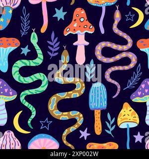 Nahtloses Muster mit Schlangen und Zauberpilzen. Vektor-Illustration im einfachen zeitgenössischen Boho-Stil. Stock Vektor