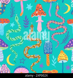 Nahtloses Muster mit Schlangen und Zauberpilzen. Vektor-Illustration im einfachen zeitgenössischen Boho-Stil. Stock Vektor
