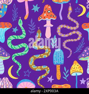 Nahtloses Muster mit Schlangen und Zauberpilzen. Vektor-Illustration im einfachen zeitgenössischen Boho-Stil. Stock Vektor