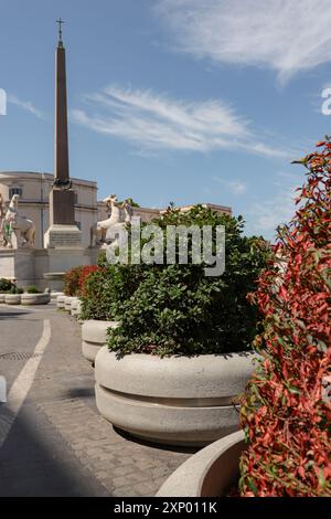 Grüne und rote buschige Pflanzgefäße führen an einem hellen sonnigen Tag zum Brunnen des Dioscuri, der gegenüber dem Palazzo del Quirinale liegt Stockfoto