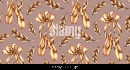 Braune Ballettschuhe für Damen mit Bändern, Schleife und Federn auf einer beigefarbenen, rosafarbenen Aquarellillustration. Pastellfarbene spitzenschuhe, ein Attribut eines d Stockfoto