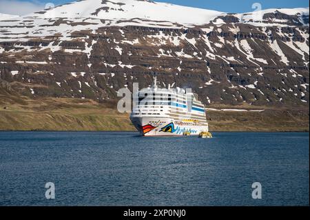AIDA Bella Kreuzfahrtschiff am Fjord von Seydisfjordur, Island, Blick von der Ferne mit Schneebergen im Hintergrund Stockfoto
