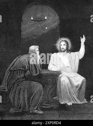 Jesus mit dem Pharisäer Nikodemus, Gespräch bei Nacht, Tisch, Öllampe, Jonannis Evangelium Kapitel 3, Bibel, historische Illustration 1854 Stockfoto