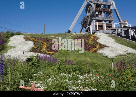 Landschaftsblumen machen Schmetterlingsbild auf dem Rasen vor einer alten kalifornischen Briefmarkenmühle mit zwei Batterien, Old Lexington Gardens, Butte, MT. Stockfoto