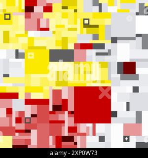 Ein geometrisches Muster, das aus gelben, roten, grauen und weißen Quadraten besteht. Nahtloses Muster Stock Vektor