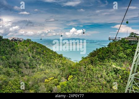 Die zauberhafte Landschaft der Insel Langkawi, von der Stahlseilbrücke, die sich hoch über die bewaldeten Gipfel des Mat Cincang, dem zweithöchsten Berg i, schlängelt Stockfoto