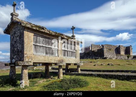 Alte Kornkammer vor einer Burg oberhalb des Dorfes Lindoso im Parque Nacional da Peneda-Geres in Nordportugal. In diesen Strukturen kann Regen bei kühlem, gut belüftetem, trockenem Wetter und bei der richtigen Luftfeuchtigkeit gelagert werden. Das einzigartige Design des Standbodens hält Nagetiere fern. Stockfoto