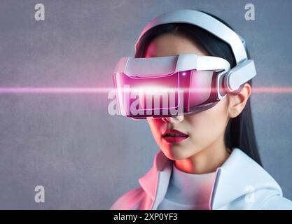 Frau mit Virtual Reality (VR)-Headset, Abbildung. Stockfoto