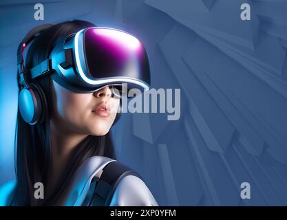 Frau mit Virtual Reality (VR)-Headset, Abbildung. Stockfoto