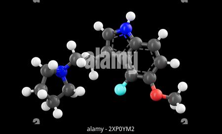 Darstellung der Struktur der synthetischen Verbindung 4-F,5-MEO-PyrT, die von 5-MEO-DMT (5-Methoxy-N,N-dimethyltryptamin) abgeleitet wird, einer halluzinogenen Verbindung, die von der Colorado-Flusskröte (Incilius alvarius) sekretiert wird. 4-F,5-MEO-PyrT interagiert mit 5-HT1A-Serotoninrezeptoren und zeigte Anti-Angstwirkungen, ohne halluzinogene Trips zu induzieren. Stockfoto