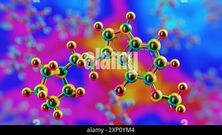 Darstellung der Struktur der synthetischen Verbindung 4-F,5-MEO-PyrT, die von 5-MEO-DMT (5-Methoxy-N,N-dimethyltryptamin) abgeleitet wird, einer halluzinogenen Verbindung, die von der Colorado-Flusskröte (Incilius alvarius) sekretiert wird. 4-F,5-MEO-PyrT interagiert mit 5-HT1A-Serotoninrezeptoren und zeigte Anti-Angstwirkungen, ohne halluzinogene Trips zu induzieren. Stockfoto